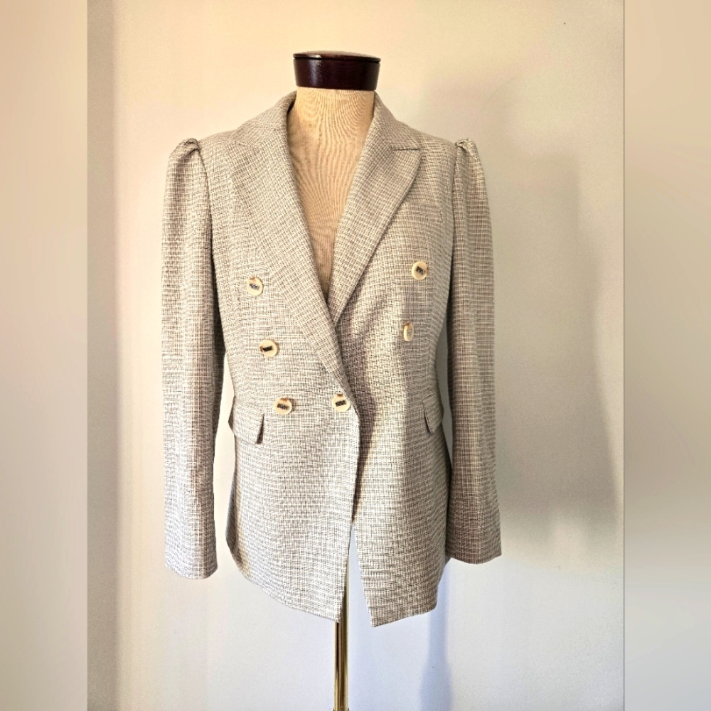 DKNY Double-Breasted Blazer| branded Buttons. Microplaid,white,beige,black. 8